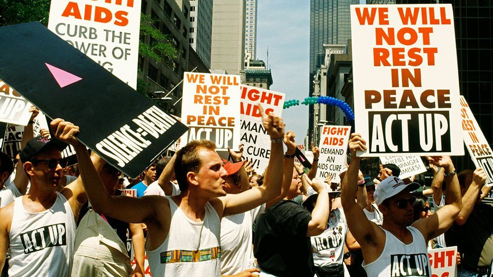 1993 ActUp demonstrators march protest NYC Fifth Avenue AIDS crisis attention underfunding