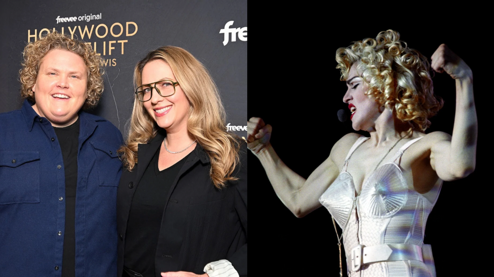 A diptych of comedian Fortune Feimster and her wife Jax Smith next to Madonna