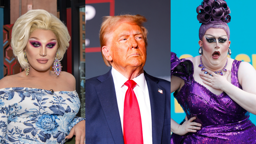 A triptych of drag queen The Vivienne, former President Donald Trump, and drag queen Lawrence Chaney