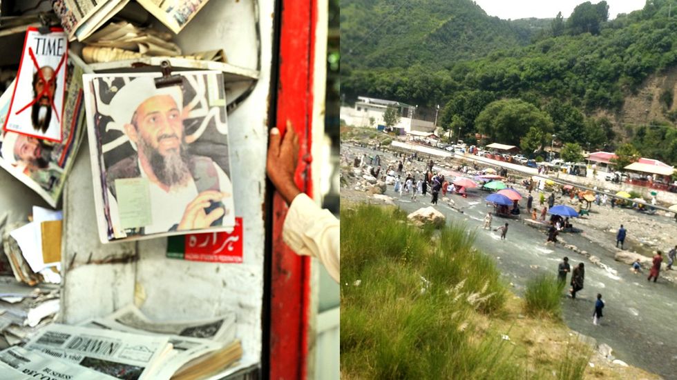 ABBOTTABAD PAKISTAN city newspaper stand showing Osama Bin Laden daily life May 2011 summer celebration mountain river town nearby Nathia Gali 2023