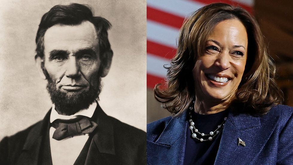 Abraham Lincoln Gettysburg address portrait by Alexander Gardner US Vice President and Democratic presidential nominee Kamala Harris smiles during a campaign rally at Michigan State University