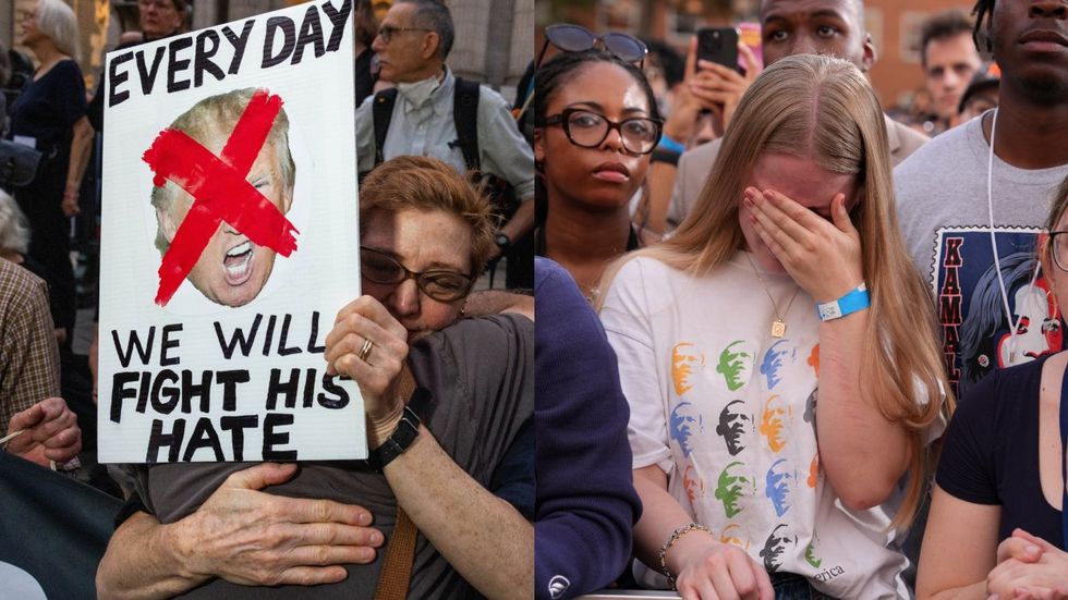 Activists and supporters react as Democratic presidential nominee, U.S. Vice President Kamala Harris, concedes the election during a speech at Howard University on November 06, 2024 in Washington, DC.