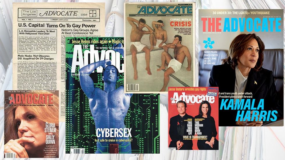 Advocate Magazine issues covers 1980s 1990s gloria steinem original paper cybersex sauna aids crisis gay greg louganis transgender Alexandra Billings VP kamala harris