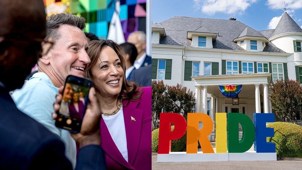 Advocate senior editor John Casey meets Kamala Harris 2024 VP residence pride month reception