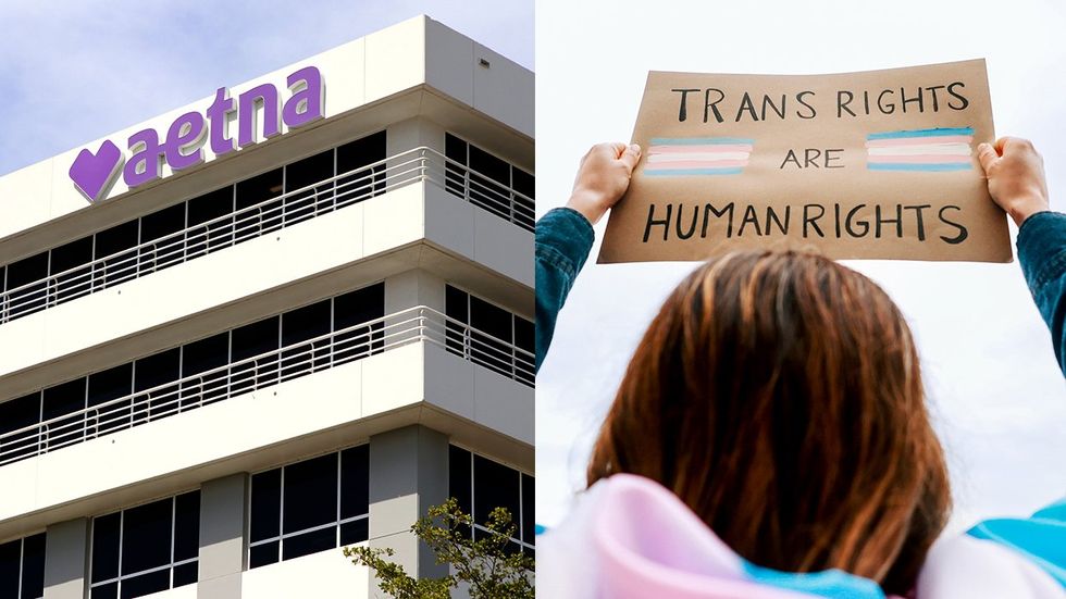 Aetna healthinsurance officebuilding transrights transgenderflag protestsign