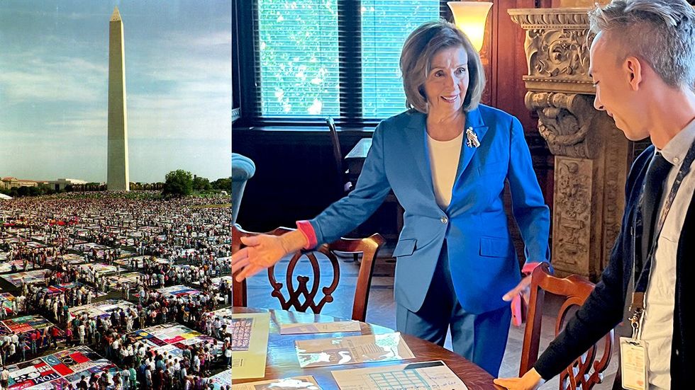AIDS Memorial Quilt laid out washington monument 1992 Nancy Pelosi visits Library of Congress viewing historical records