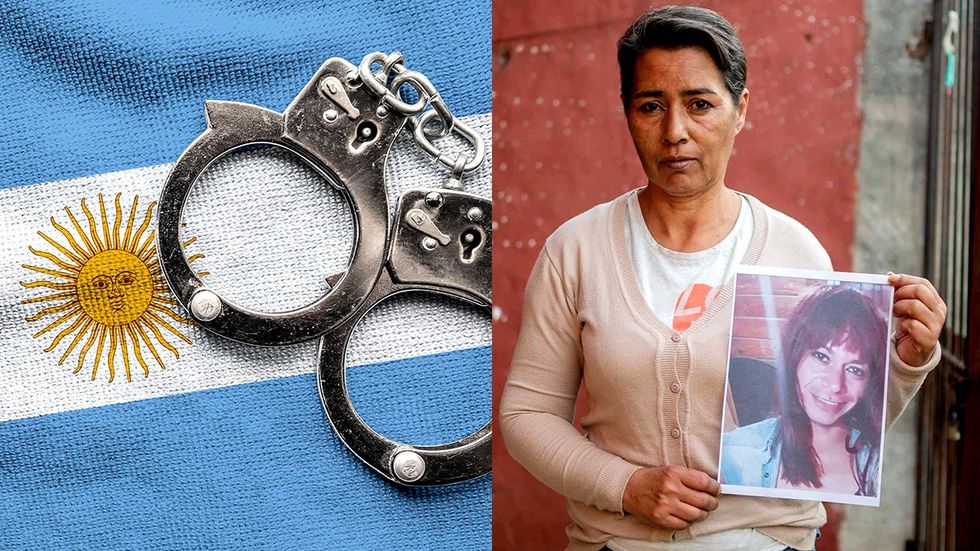 argentina flag handcuffs family member holding photo of Sofia Ines Fernandez transgender woman found dead police station cell