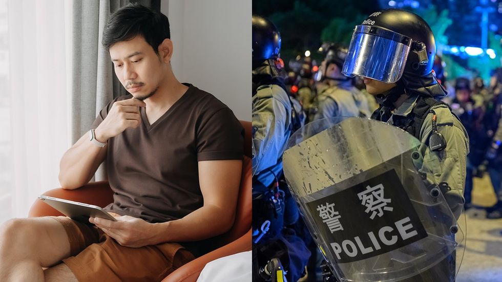 Asian man reading on tablet chinese police forces