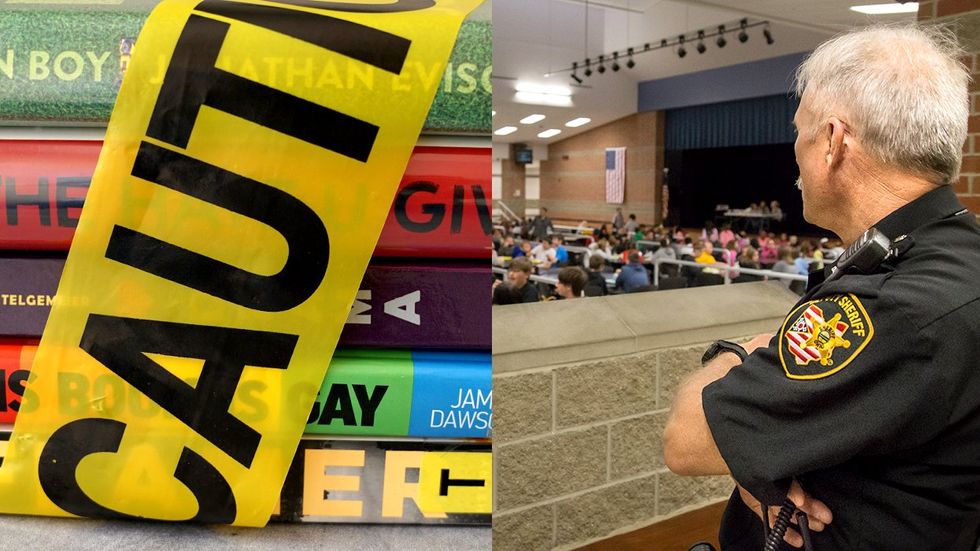 banned books in caution tape school security officer watching over students eating lunch