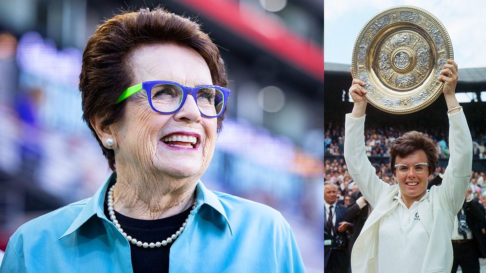 Billie Jean King 2024 and holding Wimbledon trophy following her 1967 victory winning Womens Singles title