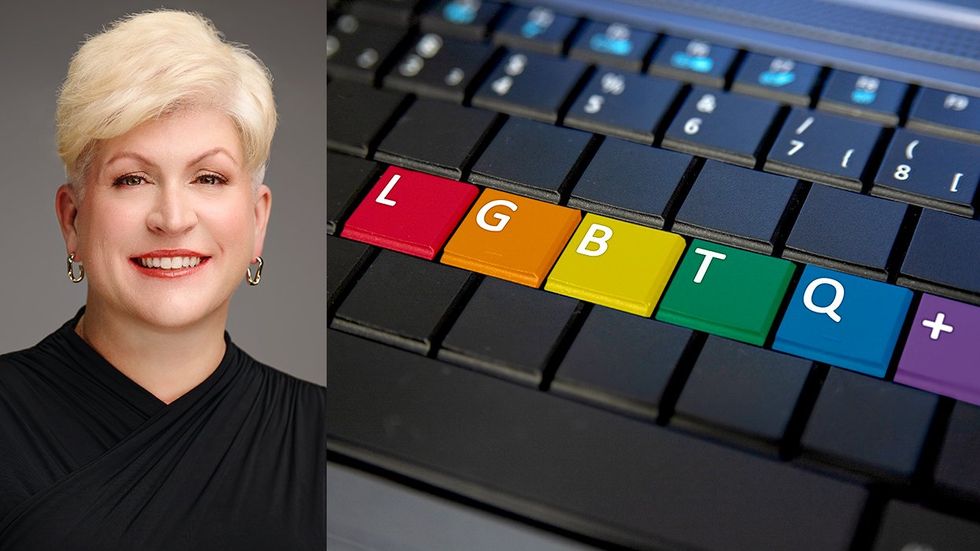 bisexual workplace representation author Erin Uritus computer keyboard rainbow lgbtq plus keys