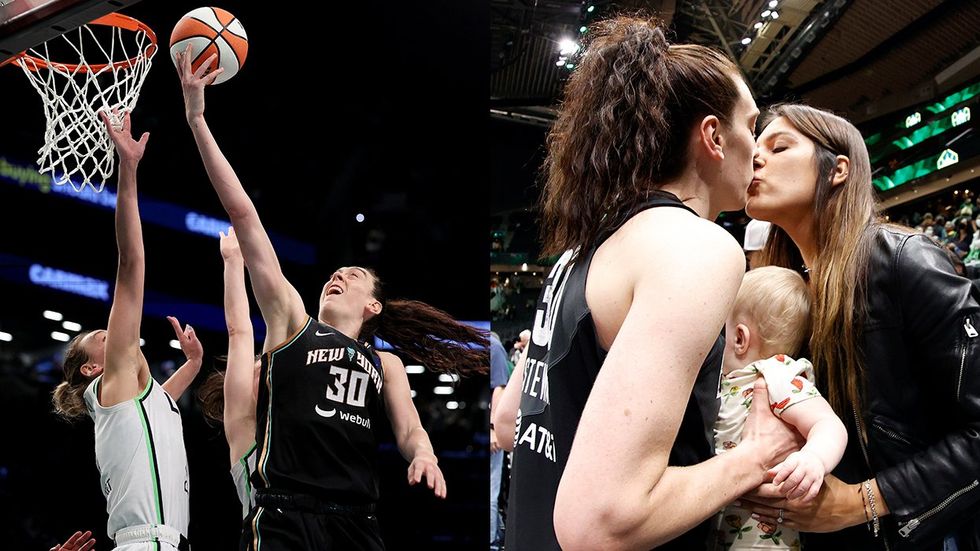 Breanna Stewart WNBA Finals Game One New York Liberty basketball in hand and kissing her wife holding child after a game in 2022