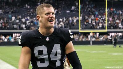 Las Vegas Raiders defensive end Carl Nassib (94) celebrates after