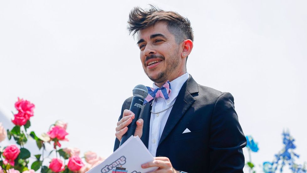 Chase Strangio attorney transgender rights activist delivers remarks during Trans Youth Prom outside US Capitol building Washington DC