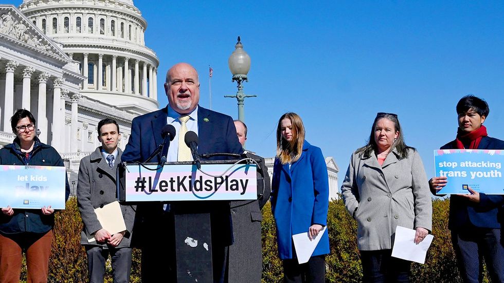 Congressional Equality Caucus Chair Congressman Mark Pocan speaks press conference surrounded by supporters condemning anti LGBTQI agenda that House Republicans are moving