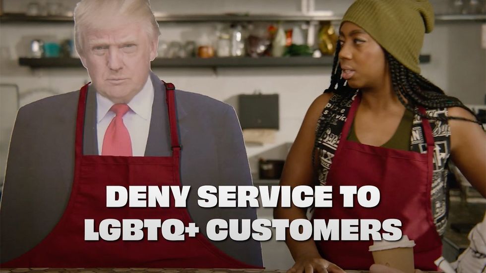 cutout donald trump demanding deny service to lgbtq customers HRC campaign ad