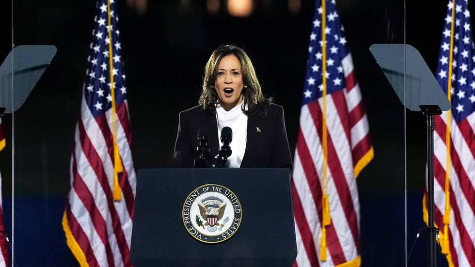 Democratic presidential nominee U.S. Vice President Kamala Harris speaks during a campaign rally on the Ellipse