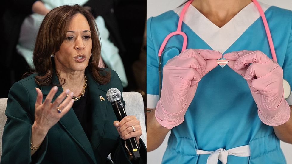 Democratic presidential nominee US Vice President Kamala Harris fields questions during a town hall style campaign event gender affirming care concept pink blue white pride pin medical clothing