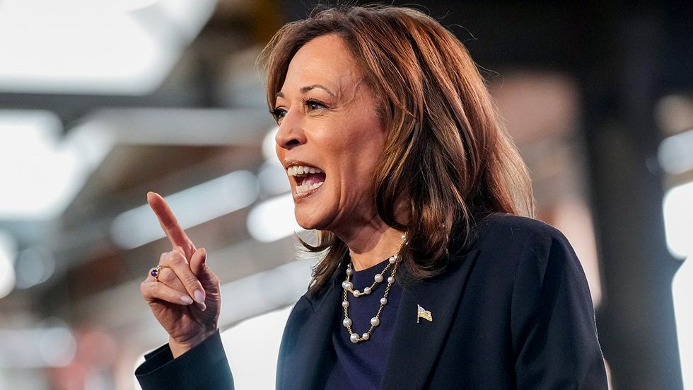 Democratic presidential nominee US Vice President Kamala Harris speaks during a campaign rally