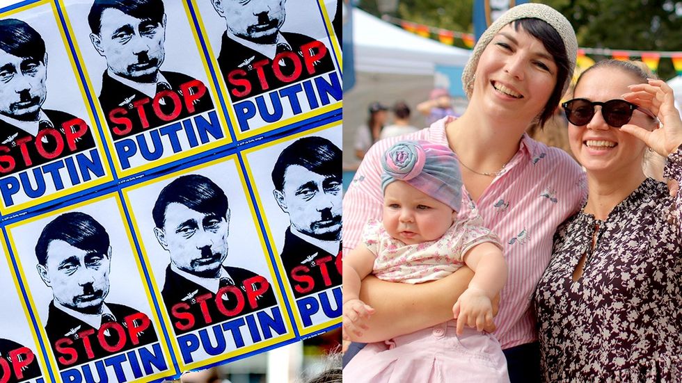 Demonstration against Russia sign Stop Putin happy transgender family LGBTQIA Pride festival