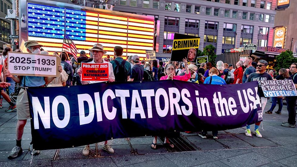 Demonstrators rally against Project 2025 NYC Manhattan Times Square