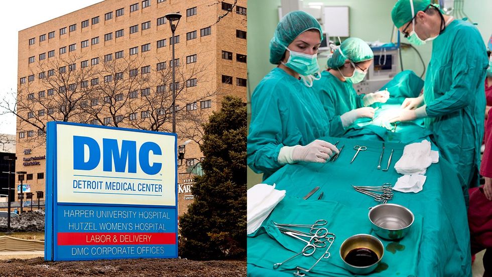 Detroit Medical Center entrance sign surgical suite with medical equipment on the table during procedure