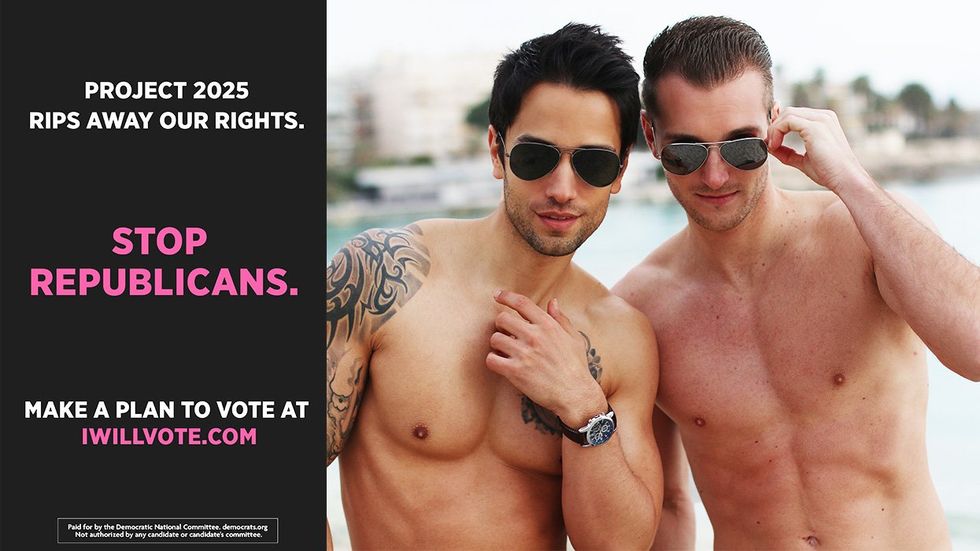 DNC ad on Grindr and shirtless men in sunglasses looking at the camera