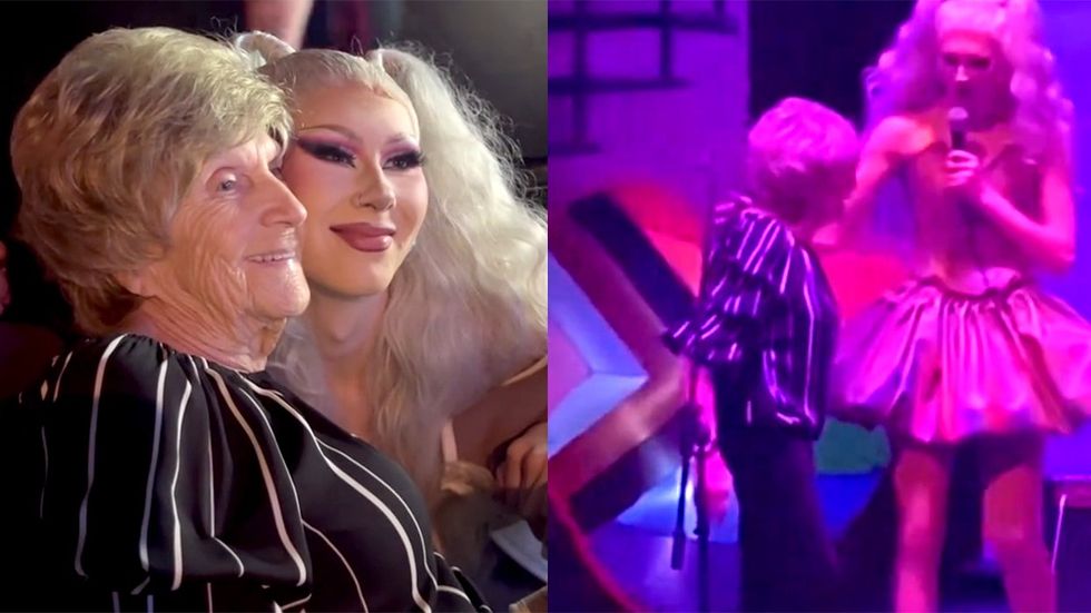 drag artist Jenna Tea with gramdmother on stage at show