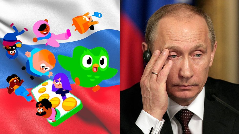 Duolingo animated characters welcome page learn language russian flag Vladimir Putin has problems
