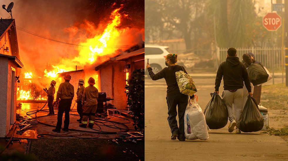 Fire fighters work on Eaton fire Altadena LA CA People carry possessions through neighborhood during evacuation