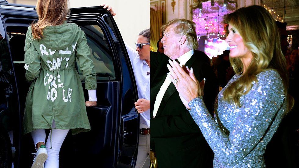 first lady Melania Trump dont care jacket climbs back into her motorcade after traveling to Texas to visit facilities that house and care for children taken from their parents and with donald trump on New Years eve 2022 MaraLago