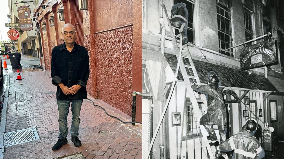 Frank Perez head of the LGBTQ Archives Project of Louisiana stands at the site of the missing Upstairs Lounge fire plaque in New Orleans French Quarter June-25-1973-Times-Picayune-photo-by-Philip-Ames