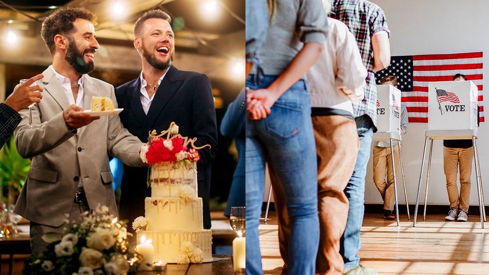 gay wedding two grroms cut cake USA voters line up cast ballot election day