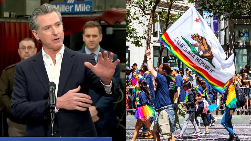 Governor Gavin Newsom press conference LGBTQIA pride parade california rainbow flag San Francisco CA