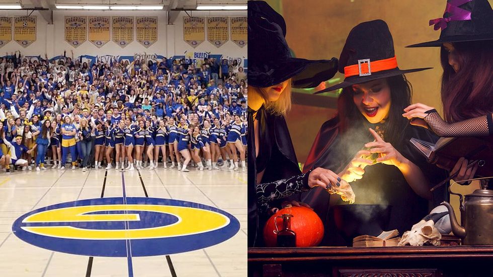 Grossmont High School El Cajon San Diego area California students teachers gather gym three witches casting a spell over a cauldron lesbian coven