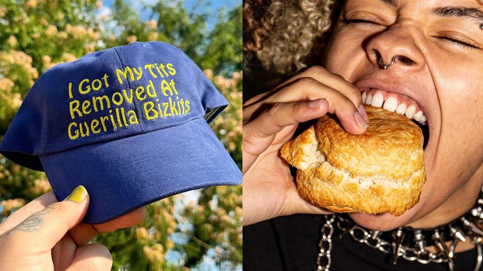 Guerilla Bizkits gender affirming care package hat queer punk eating biscuit