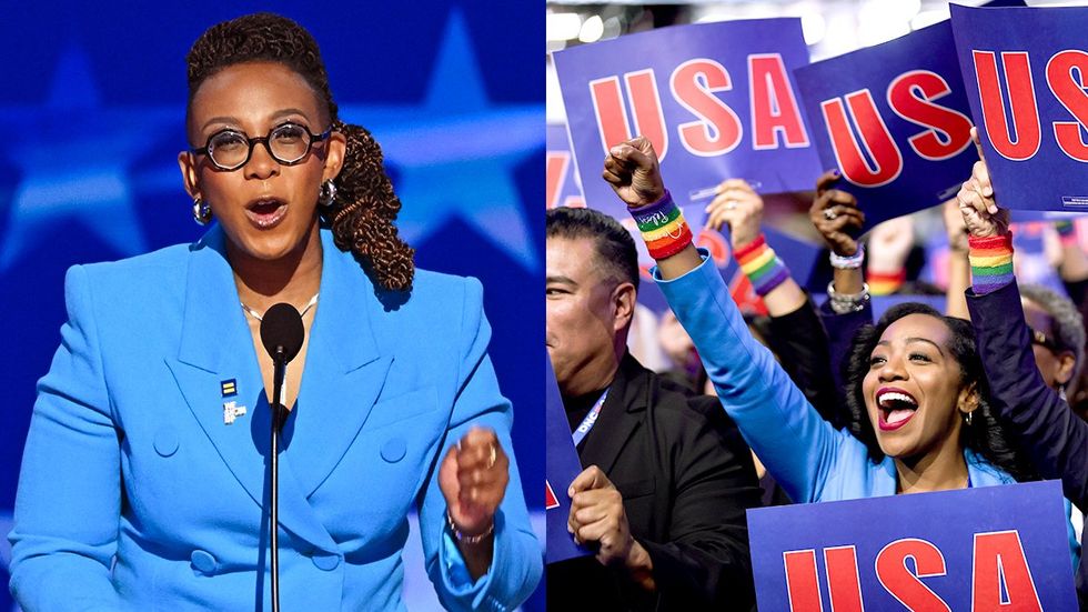 Human Rights Campaign HRC president Kelley Robinson speaking DNC 2024 delegates USA signs rainbow wristbands