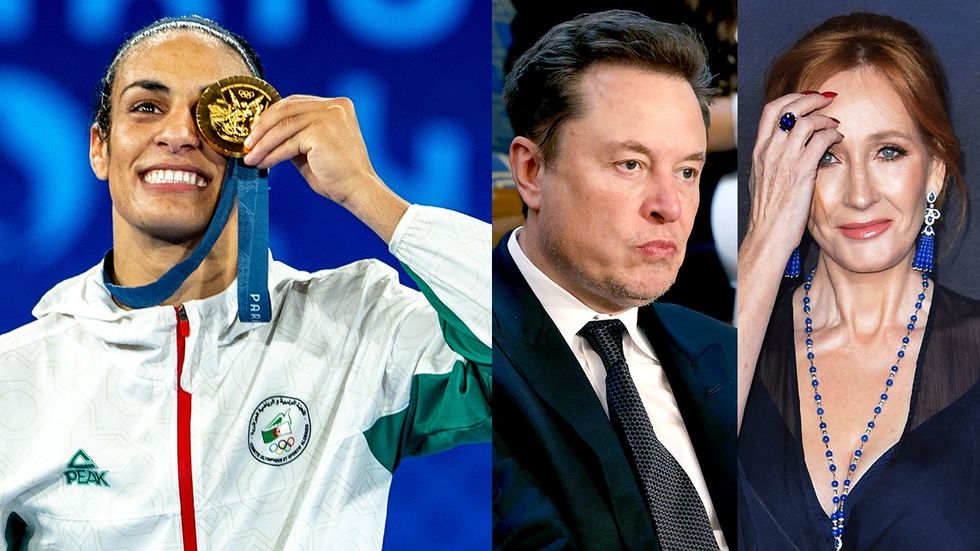 Imane Khelif Team Algeria celebrates gold medal win Olympic Womens Boxing sourpuss Tesla CEO Elon Musk JK Rowling movie premiere