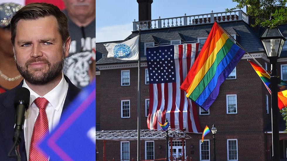 JD Vance LGBTQ Pride flags fly over market square Old Town Alexandria City Hall American Flag prominently displayed