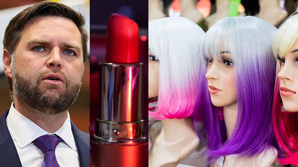 JD Vance republican hypocrite who previously dressed in drag pictured with red lipstick and colorful wigs