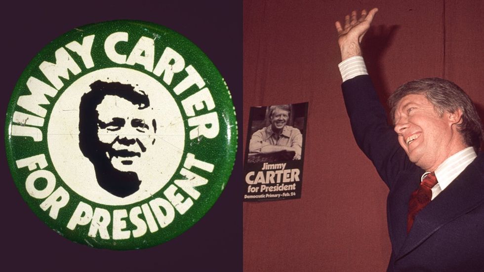 Jimmy Carter for president campaign button poster candidate waving after victory in the New Hampshire Democratic Primary election