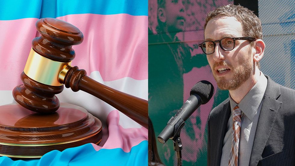 judge legal gavel on transgender flag CA Senator Scott Wiener