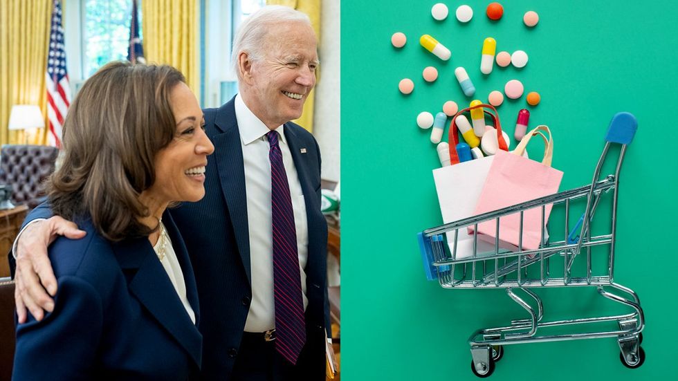 Kamala Harris Joe Biden celebrating mini shopping cart bags spilling medication pills