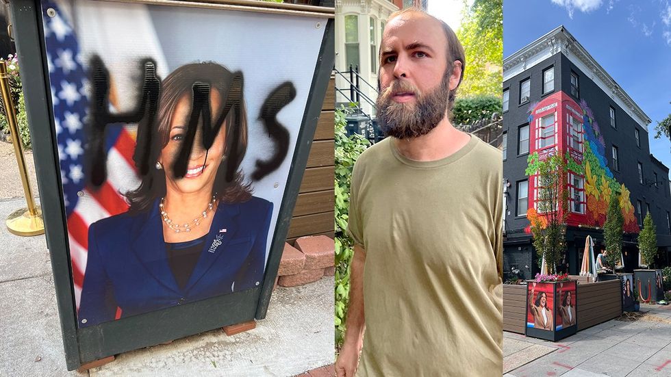 Kamala Harris portrait allegedly vandalized by Nicholas Goldstein at Washington DC LGBTQ bar Little Gay Pub