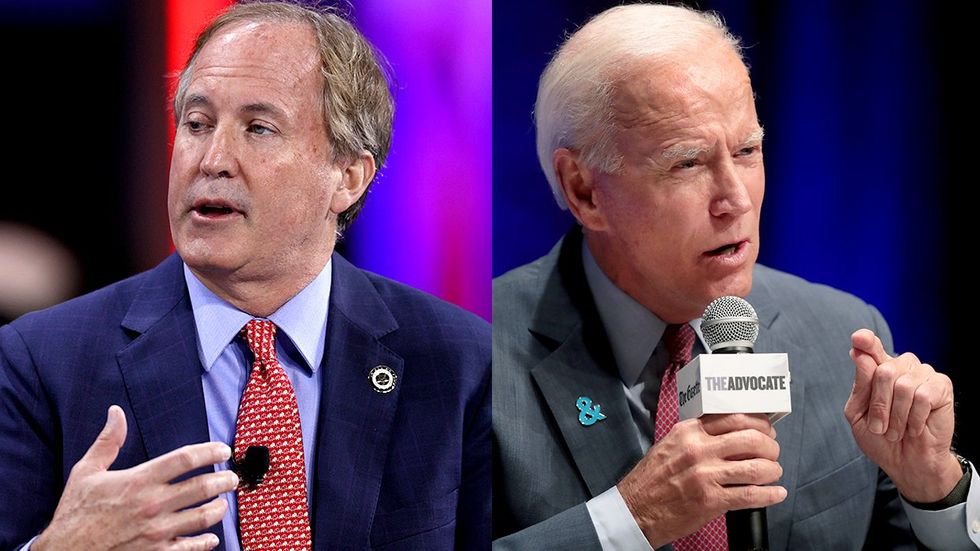 Ken Paxton Texas Attorney General speaks during CPAC Conservative Political Action Conference Orlando Florida 2021 Joe Biden speaks at LGBTQ presidential forum Cedar Rapids Iowa 2019