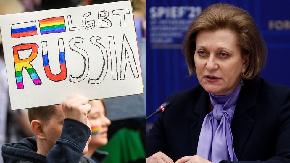 LGBT Russia rainbow flag pride march sign Anna Popova Federal State Sanitary Doctor of the Russian Federation