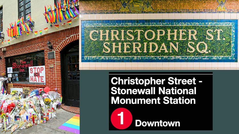 LGBTQ bar Stonewall Inn NYC first pride riot flowers memorial stop hate sign rainbow flags subway signs Christopher Street Sheridan Square Stonewall National Monument