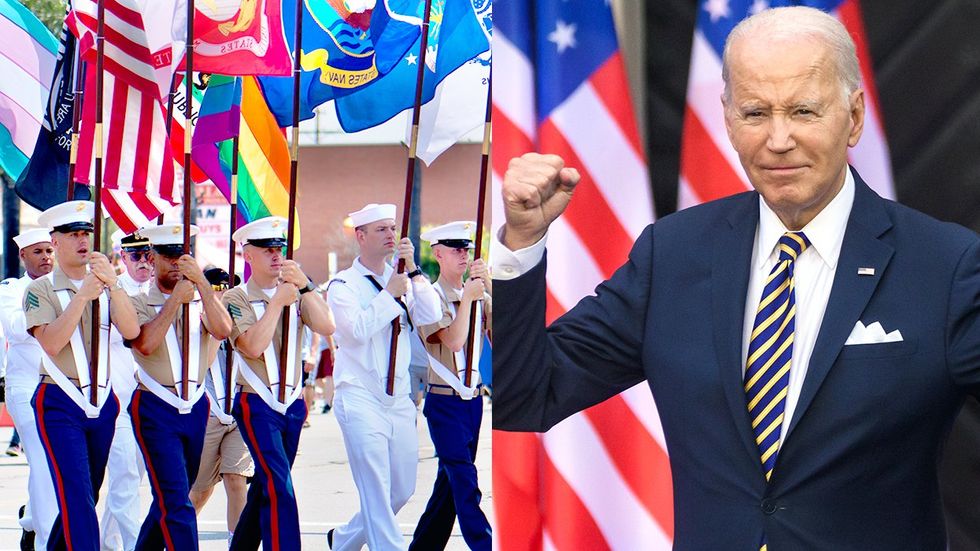 LGBTQ military members color guard flags marching LGBTQ pride parade president joe biden