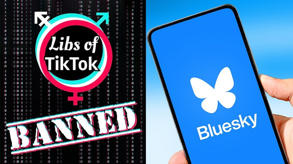 Libs of tiktok logo over binary code and the word BANNED next to cellphone showing bluesky social