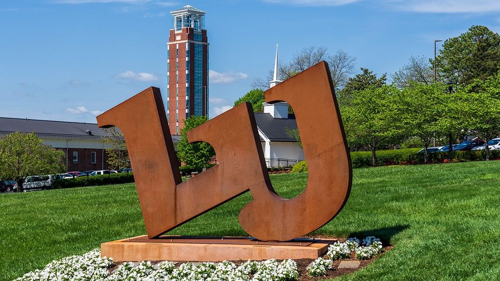 Lynchburg Virginia Large metal logo sculpture Liberty University Freedom tower School of Divinity